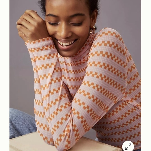 𝅺Anthropologie Maeve Sheer Mesh Turtleneck Top Orange Geometric Print NWT - Picture 12 of 14